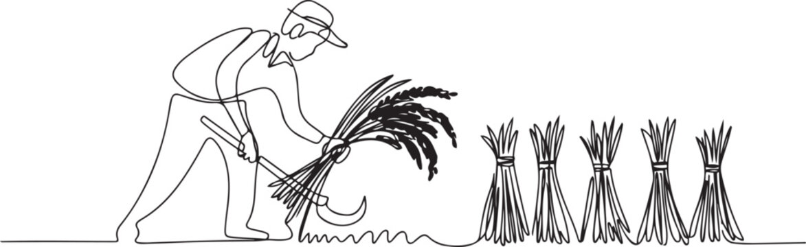 Single one line drawing of young male farmer was harvesting rice and there was also rice that had been tied up. one line Icon drawing