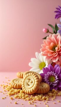 A bunch of cookies sitting on top of a pink surface.