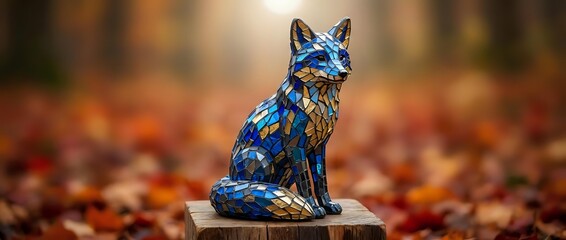 Fototapeta premium Ornate blue fox sculpture with intricate patterns sits on wooden surface surrounded by colorful autumn leaves in warm bokeh background for decorative art.