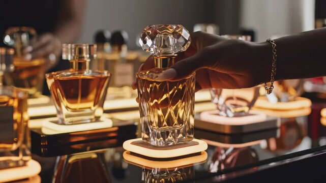 A hand delicately reaches for a stunning crystal bottle among a collection of exquisite perfumes. The boutique glows with warm light, enhancing the allure of each scent.