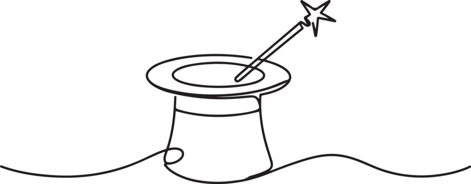 Single continuous line drawing magic hat and wand that a magician needs for a magic show. Two tools that are always there in every magician. one line Icon drawing