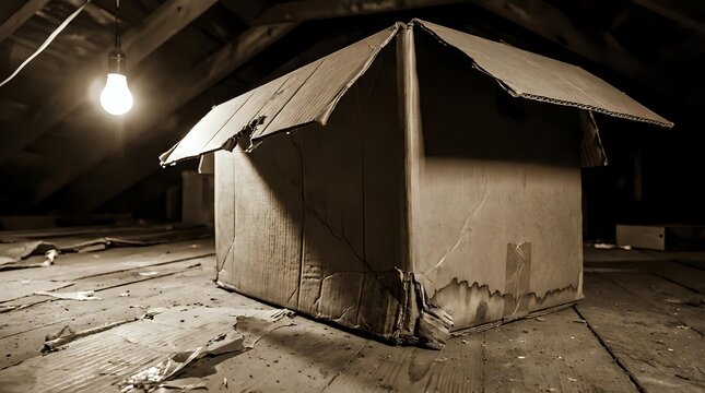 Cardboard house shelter in dusty attic space with wooden beams and hanging light bulb creating dramatic shadows for homeless concept or childhood fort.