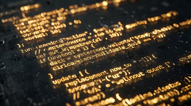 Golden programming code displayed on dark screen with warm bokeh lighting effects creating atmospheric developer workspace ambiance for tech projects.