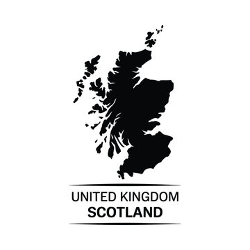 A stark black silhouette depicts the geographic shape of scotland within the united kingdom