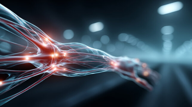 Futuristic visualization of a human neural network with glowing synapses and transparent nerves in a digital environment. Abstract concept of artificial intelligence and neuroscience innovation