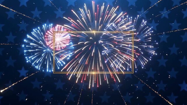 Cinematic 4th of July animation elegant dark blue background star pattern. Soft glowing stars gently pulsing. A thin golden rectangular frame smoothly draws center. Slow motion realistic fireworks