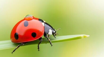 Fototapeta premium Ladybug on green leaf outdoors.