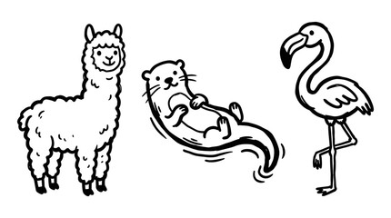 Fototapeta premium Cute Black and White Line Art of a Llama, Otter, and Flamingo on White Background
