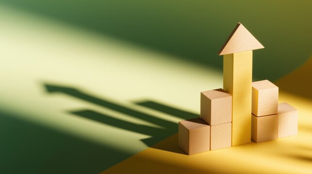 business growth and leadership success concept, wooden blocks forming arrow direction with upward shadow representing performance increase and strategy development background with copy space