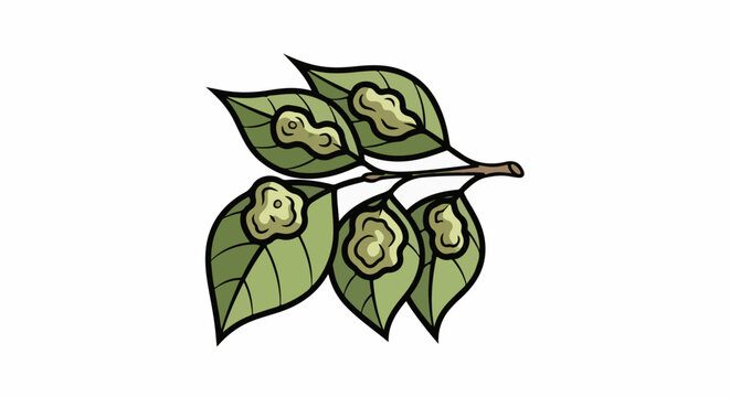 Branch with leaves, showing abnormal growth or lesions on their surfaces