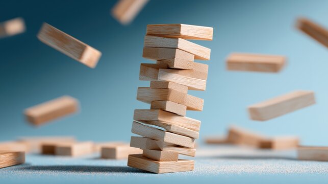 business recovery and growth transformation concept, scattered wooden blocks reorganizing into stable stack representing crisis management, restructuring and performance improvement background