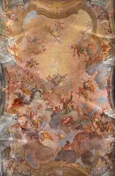 VERCELLI, ITALY - JANUARY 16, 2026: The baroque ceiling fresco Glory of St. Cristophorus in the church Chiesa di San Cristoforo by Francesco Maria Bianchi from 18. cent.