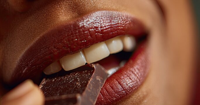 Dark red lips with white teeth sensually bite into a piece of rich dark chocolate