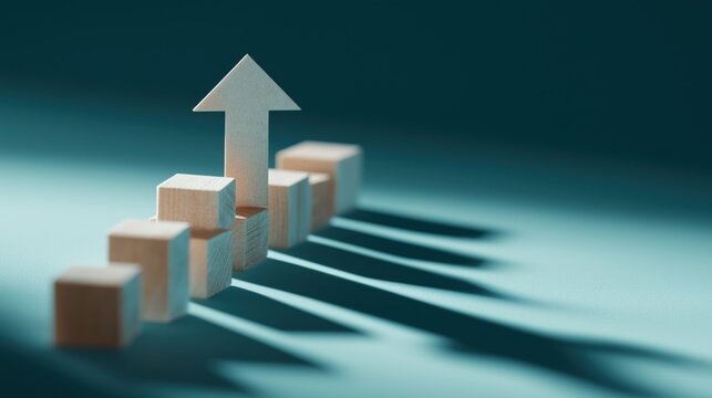 business growth direction and performance increase background with copy space, wooden blocks forming upward path with arrow symbol showing strategy execution and success development