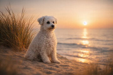 Fototapeta premium Kleiner weißer Maltesermix am Strand bei Sonnenuntergrang