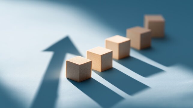 business growth and success direction concept, wooden blocks casting upward arrow shadow representing progress, strategy and performance increase background with copy space