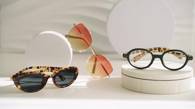 Sunglasses and Frames Display on white Minimalistic Stand for Fashion Advertising.  retail presentation, modern optical wear background, luxury eyewear collection sale