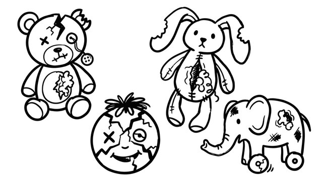 Black and White Line Art of Spooky Stuffed Toys - Teddy Bear, Bunny, Ball, Elephant
