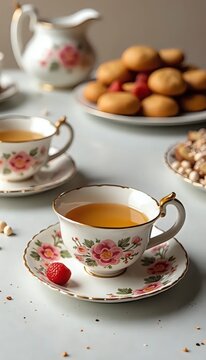 A close up of a tea cup and saucer on a table.