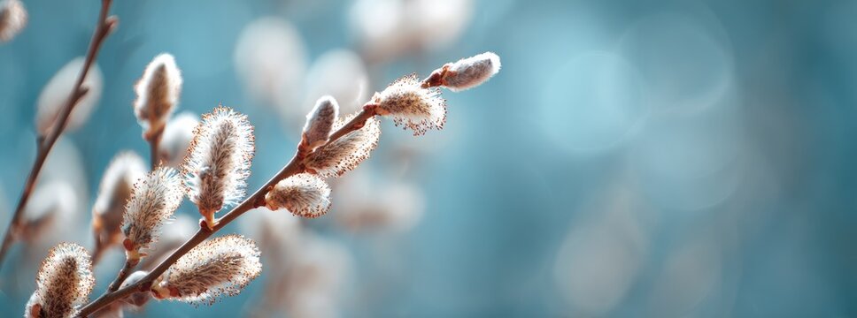 Close-up of backlit, fuzzy pussy willow branches against a soft, bright blue background