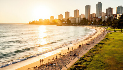Obraz premium The beach scene shows a sunset with sun rays reflecting on the water. Many men and women stroll along the sand near the urban skyline and the surf.