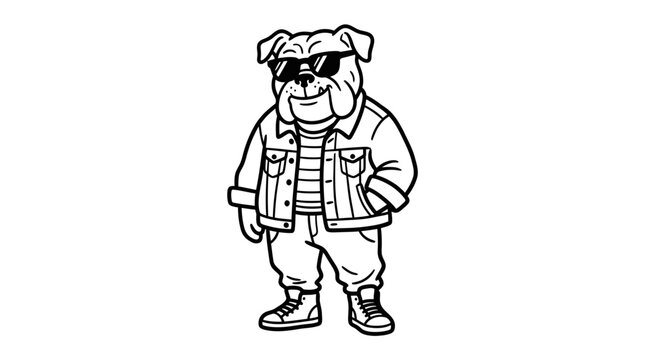 Cool Bulldog Wearing Sunglasses and Denim Jacket, Black and White Line Art Vector