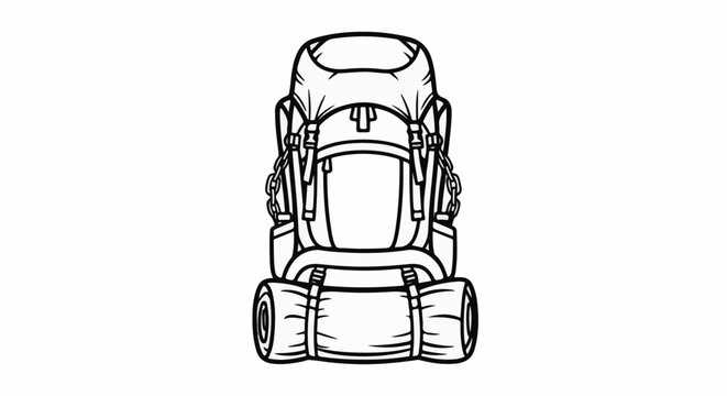 Black and white outline drawing of a large backpack with rolled sleeping mat