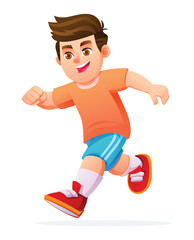 Enthusiastic boy character sprinting fast during a school sports track competition. Vector cartoon illustration © YG Studio