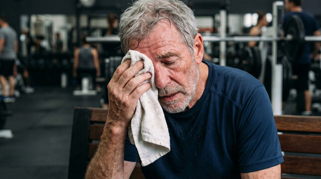 Portrait of a tired but satisfied senior man wiping his face with a towel after an intense workout. He sits on a bench in the gym, his skin covered in sweat, his face showing fatigue and joy 