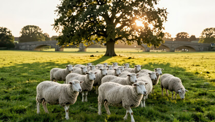 Fototapeta premium a group of sheep gathered in a field. Trees and a bridge are visible in the background, with sunlight illuminating the grassy area.