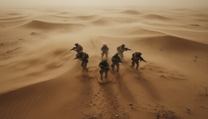 Obraz premium Tactical squad advancing through desert during sandstorm