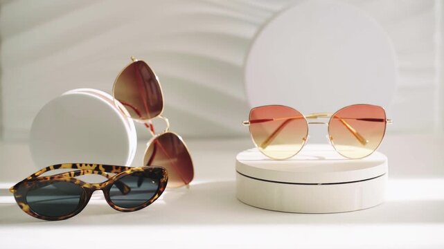 Sunglasses and frames on display stands for modern eyewear collection presentation in fashion catalog or retail advertisement setting. modern optical wear background, luxury eyewear collection sale