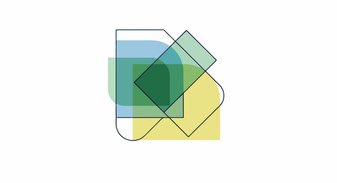 Abstract composition with overlapping geometric shapes in green, blue, and yellow hues