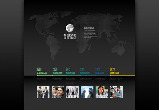Global Infographic Timeline Template with World Map, Business Icons and Photo Placeholders