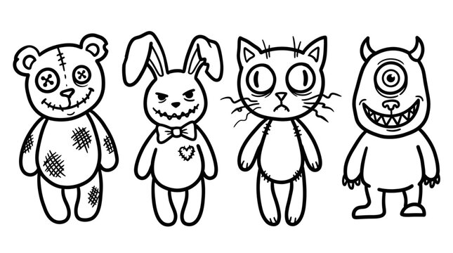 Creepy Stitched Teddy Bear, Bunny, Cat, Monster Vector Art - Black and White Line Illustration for Halloween
