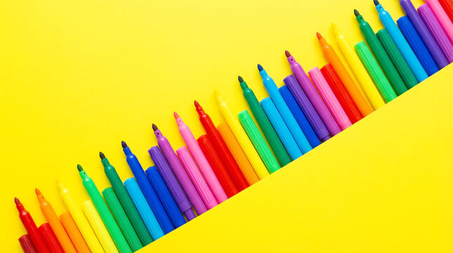 Colorful felt tip pens arranged diagonally on vibrant yellow background with large copy space for school design