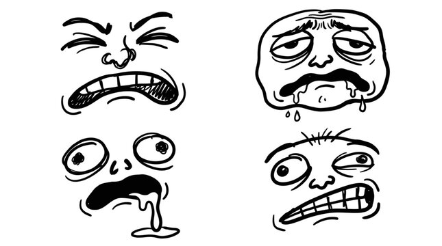 Black and White Line Art of Four Cartoon Faces Showing Different Emotions and Expressions