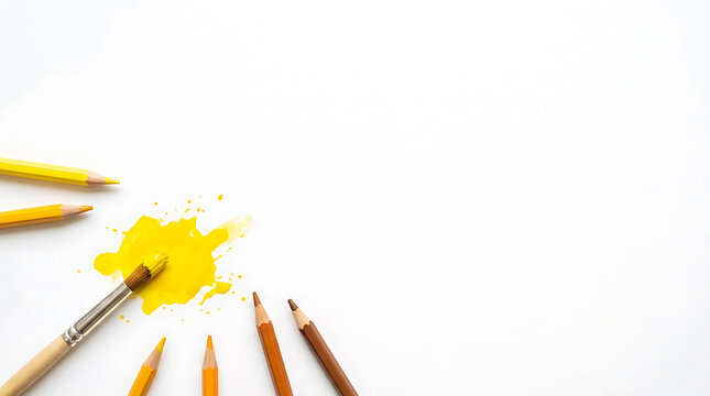 Creative workspace with yellow watercolor blot paint brush and pencils on clean white background with copy space