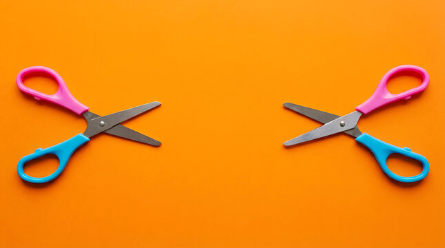 Two pairs of colorful pink and blue scissors facing each other on orange background with copy space