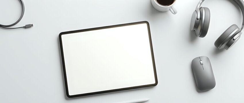 Digital tablet with blank white screen surrounded by wireless headphones, computer mouse and coffee cup on clean white desk for modern workspace mockup.