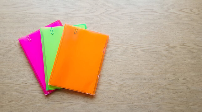 Three colorful plastic folders with paper clips on wooden desk with copy space for school organization