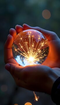 A person holding a crystal ball with sparklers in it.
