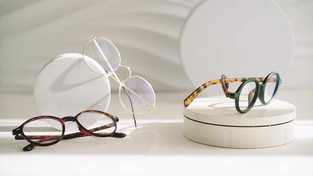 Sunglasses and frames collection display with modern designs, elegant showcase, perfect for fashion advertising and eyewear promotions, stylish presentation in a well-lit studio setting