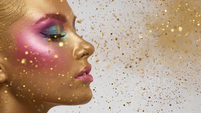 Woman showcases colorful makeup with gold glitter drifting in air. Bright setting highlights unique beauty expression. Concept of beauty and cosmetics, makeup artists, fashion