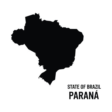 A stark black silhouette of the paran state in brazil accompanied by text identification