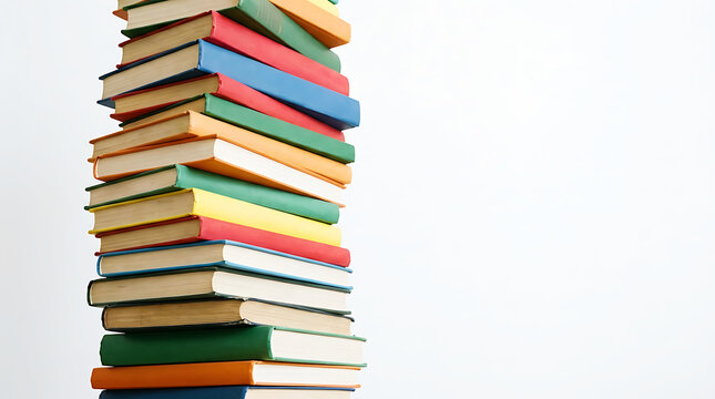 Tall stack of various colorful hardcover books isolated on white background for library and education concept