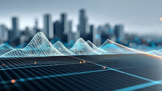 Abstract Digital Waves Over City Skyline with Futuristic Visualization