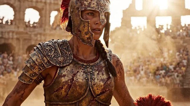 Powerful Gladiator in Ornate Armor Stands Victorious in Ancient Roman Colosseum Arena.