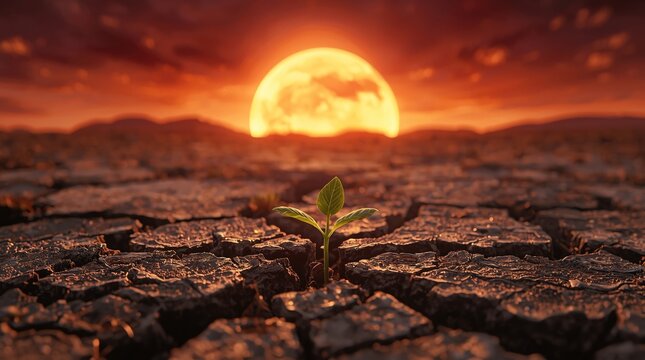 A captivating Earth Day image showing a fresh green plant sprouting from cracked, dry soil beneath a vivid orange sunset