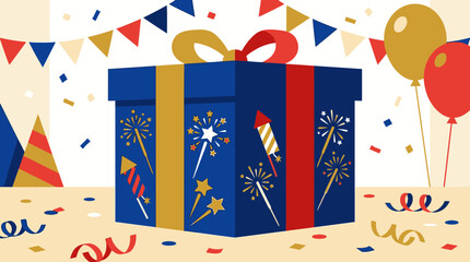 Fototapeta premium A festive celebration scene with a gift box surrounded by party decorations and fireworks.